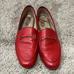 Red Leather Loafers with Gold Buckle